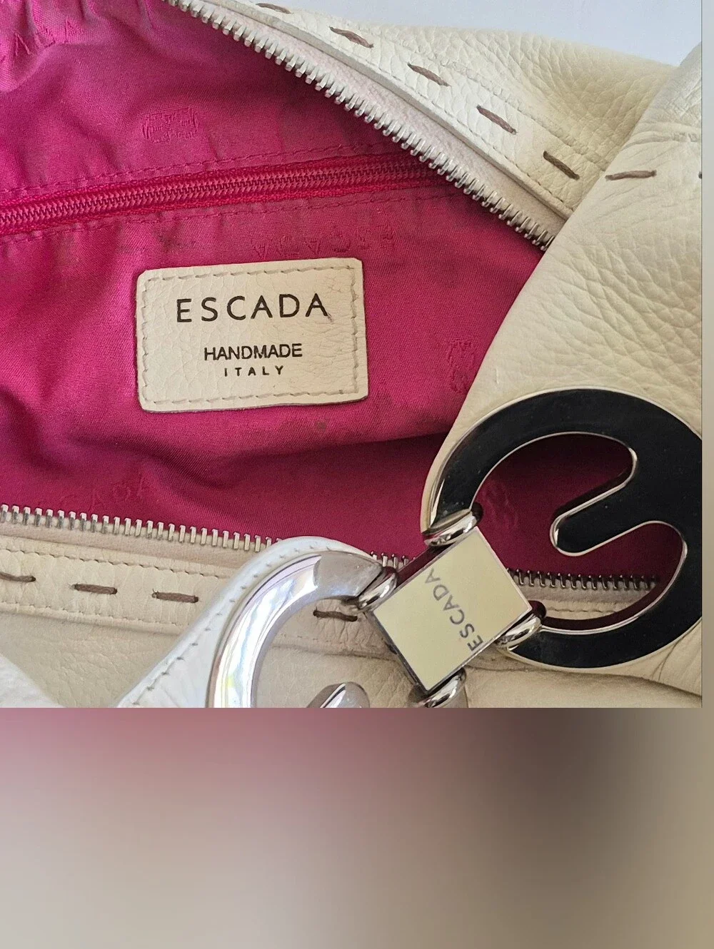 Escada Itaky Cream Pebbled Leather Silver Accents Medium Hobo Shoulder Bag